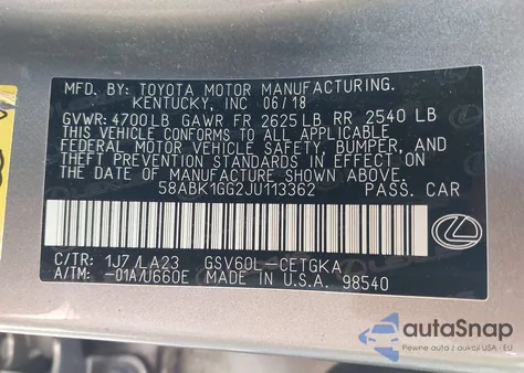 2018 Lexus Es 350 z USA, uszkodzony, nr VIN 58ABK1GG2JU113362